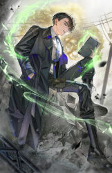 Rule 34 | 1boy, black boots, black hair, black jacket, black pants, blue eyes, blue necktie, book, boots, collared shirt, commentary request, full body, hand in pocket, highres, holding, holding book, jacket, knee up, korean commentary, lace-up boots, long sleeves, male focus, necktie, open book, open clothes, open jacket, original, outdoors, pants, parted lips, shirt, short hair, sitting, solo, white shirt, zelpic