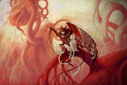 Rule 34 | 2others, ambiguous gender, arthropod boy, body fur, brown feathers, brown hair, brown wings, butterfly boy, creature, dragon boy, feathers, harpy, highres, jejejunum, landscape, monster boy, monster girl, multicolored feathers, multiple others, organs, original, other focus, red feathers, red wings, scenery, sitting, white fur, white hair, white tail, white wings, wings
