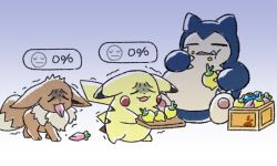 Rule 34 | :t, = =, animal focus, berry (pokemon), blue background, blush stickers, box, chewing, claws, closed eyes, eevee, fang, fang out, food, food on face, fruit, gen 1 pokemon, gradient background, grepa berry, highres, holding, holding food, holding fruit, mouth hold, neck fur, nintendo, no humans, oceannuts, open mouth, oran berry, pawpads, persim berry, pikachu, pokemon, pokemon (creature), pokemon sleep, simple background, sitting, snorlax, standing, trembling, wrinkled frown (detective pikachu)