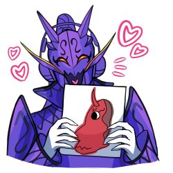 Rule 34 | angele darliing, armor, dragon, drawing (object), headphones, heart, hyperpigmentation (meme), kamen rider, kamen rider den-o (series), momotaros, monster, monster boy, oni, purple armor, purple hair, ryutaros, smile