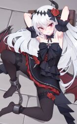 1girl armpits arms_behind_head bare_shoulders bat_wings bdsm black_bow black_bowtie black_dress black_pantyhose bondage bound bound_ankles bow bowtie clenched_teeth commentary_request commission cuffs demon_girl dress flower frown full_body hair_flower hair_ornament highres hudeako knee_up long_hair looking_at_viewer lying no_shoes on_back on_floor original pantyhose red_eyes red_flower red_rose rose shackles skeb_commission solo stocks strapless strapless_dress teeth tsurime v-shaped_eyebrows variant_set white_hair wings
