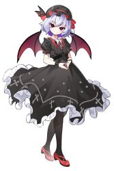 1girl alternate_costume bat_wings black_dress black_hat black_pantyhose blue_hair bow bowtie collared_dress cross dress frilled_dress frills full_body hat high_collar highres kinamielise looking_at_viewer mary_janes mob_cap own_hands_together pantyhose puffy_short_sleeves puffy_sleeves red_eyes red_nails red_shoes remilia_scarlet shoes short_hair short_sleeves simple_background smile solo standing touhou transparent_background white_bow white_bowtie wing_collar wings wrist_cuffs