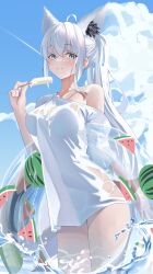 1girl ahoge animal_ear_fluff animal_ears aqua_eyes blue_sky cloud cowboy_shot crossed_bangs double-parted_bangs dripping extra_ears food fox_ears fox_girl fox_tail highres hololive ice_cream long_hair looking_at_viewer melting_popsicle naked_shirt off_shoulder outdoors ponytail shirakami_fubuki shirt sidelocks single_bare_shoulder sky solo t-shirt tail tanishi_(hetianming11093) thighs virtual_youtuber water wet white_hair white_shirt white_tail
