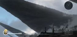 1girl absurdres achievement_unlocked asteroid_ill blonde_hair cliff cloud commentary_request day fake_screenshot female_focus forest grass grave heads-up_display health_bar highres iris_(asteroid_ill) landscape long_hair minimap nature neon_trim original outdoors scenery sky solo standing translated user_interface very_long_hair very_wide_shot