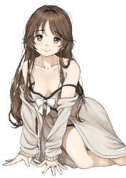 1girl absurdres bare_shoulders breasts brown_hair camisole clothes_down commentary gatsby_ssl highres idolmaster idolmaster_cinderella_girls long_hair looking_at_viewer open_clothes open_robe robe sitting small_breasts solo takamori_aiko yellow_eyes