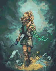 1boy absurdres archaic_set_(zelda) arfu_(uarfun) artist_name asymmetrical_clothes blonde_hair broken broken_sword broken_weapon cloud commentary earrings english_commentary from_behind glowing_arm grass highres holding holding_sword holding_weapon jewelry link male_focus nintendo outdoors overcast pixel_art pointy_ears ponytail rock sandals single_bare_shoulder sky solo standing stream sword the_legend_of_zelda the_legend_of_zelda:_tears_of_the_kingdom water weapon