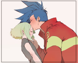 Rule 34 | 2boys, aus vaka, black shirt, blue hair, blush, border, closed eyes, collared jacket, commentary request, couple, firefighter jacket, galo thymos, green hair, grey background, hair behind ear, highres, jacket, kiss, kissing forehead, lio fotia, long sleeves, male focus, mohawk, multiple boys, popped collar, promare, shirt, short hair, short sleeves, sideburns, simple background, t-shirt, upper body, yaoi