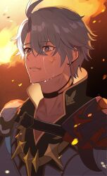 1boy absurdres antenna_hair armor black_choker black_shirt blue_eyes choker coat crying crying_with_eyes_open hashtag-only_commentary highres honkai:_star_rail honkai_(series) injury kass_(jtsp0) looking_to_the_side male_focus neck_tattoo parted_bangs parted_lips pauldrons phainon_(honkai:_star_rail) shirt short_hair shoulder_armor single_pauldron solo sun_symbol sun_tattoo tan tattoo tears upper_body white_coat white_hair