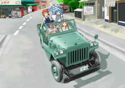 Rule 34 | 1boy, 3girls, 4x4, aizawa eiko, car, highres, ikamusume, military jeep, motor vehicle, mr. tokita, multiple girls, real world location, road, shinryaku! ikamusume, slice of life, tokita ayumi, toyota, vehicle focus, willysmc