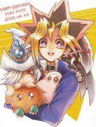 Rule 34 | 1boy, 1girl, black choker, blonde hair, blue jacket, brown fur, character name, choker, colored skin, dated, dragon, duel monster, gandora the dragon of destruction, grey hair, hair over one eye, happy birthday, hat, jacket, kuriboh, marshmallon, multicolored hair, muto yugi, pink skin, purple eyes, silent magician, silent magician zero, white hat, wizard hat, yellow eyes, ygoqch, yu-gi-oh!