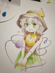 1girl adapted_costume black_hat blush commentary_request eyeball floral_print green_eyes green_hair green_skirt hat hat_ribbon heart heart_of_string highres jewelry komeiji_koishi looking_at_viewer necklace open_mouth pendant photo_(medium) print_skirt ribbon rose_print shiro_tsugumi shirt skirt sleeveless smile solo third_eye touhou traditional_media yellow_ribbon yellow_shirt