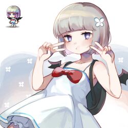 1girl :t backpack bag bare_arms bare_shoulders bloomers blue_eyes blue_hair bow character_request chibi closed_mouth collarbone double_v dress fake_wings flower grey_hair hair_flower hair_ornament hands_up leafwow looking_at_viewer maplestory multicolored_hair pout red_bow reference_inset short_hair sleeveless sleeveless_dress streaked_hair sundress underwear v white_background white_bloomers white_dress white_flower wings