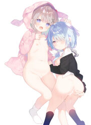 2girls :d :o animal_ears animal_hood ass black_jacket blue_hair bottomless brown_hair commentary_request fake_animal_ears feet_out_of_frame hair_ornament hair_over_one_eye hood hood_up hooded_jacket jacket loli looking_at_viewer multiple_girls navel nipples open_clothes open_jacket open_mouth original parted_lips pink_jacket purple_eyes rabbit_ears rabbit_hood red_eyes shirt simple_background smile socks suggestive_fluid white_background white_shirt white_socks x_hair_ornament yuizaki_kazuya