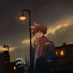 1boy aged_up artist_name black_coat brown_eyes brown_hair closed_mouth coat dark-skinned_male dark_skin flower hero_(faraway)_(omori) hero_(omori) highres holding holding_flower lamppost lily_of_the_valley long_sleeves night omori outdoors red_scarf scarf short_hair smile solo staticquit