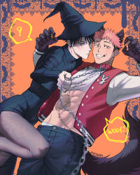 2boys ? abs alternate_costume animal_ears animal_hands black_hair chain choker closed_mouth crossdressing fushiguro_megumi green_eyes hat highres itadori_yuuji jacket jujutsu_kaisen long_sleeves looking_at_viewer male_focus male_underwear male_underwear_peek multiple_boys neskuna orange_eyes pants pantyhose pink_hair scar scar_on_face scar_on_mouth short_hair smile spiked_hair tail twitter_username undercut underwear witch_hat wolf_ears wolf_tail
