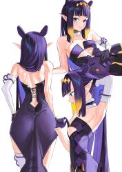 1girl 1other alternate_eye_color arm_up ass bare_shoulders blue_eyes blunt_bangs blush breasts choker commentary detached_sleeves diamond_hairband dress english_commentary from_behind from_side fur-trimmed_choker fur_trim gradient_hair hand_in_own_hair highres hololive hololive_english light_smile long_hair looking_at_viewer lying massiveyog mole mole_under_eye multicolored_hair multiple_views ninomae_ina&#039;nis ninomae_ina&#039;nis_(1st_costume) octopus on_side orange_hair pointy_ears purple_hair sidelocks simple_background single_detached_sleeve small_breasts strapless strapless_dress sweat takodachi_(ninomae_ina&#039;nis) tentacle_hair tube_dress very_long_hair virtual_youtuber white_background wide_hips