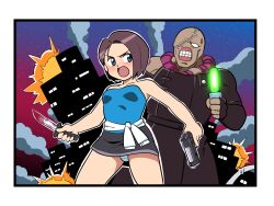 1boy 1girl black_skirt blood bloody_knife blue_eyes blue_tube_top blush brown_hair cityscape clothes_around_waist explosion glowstick gun handgun highres holding holding_glowstick holding_gun holding_knife holding_weapon jill_valentine knife miniskirt nemesis_(resident_evil) panties pantyshot resident_evil resident_evil_3:_nemesis short_hair skirt smoke strapless sweater sweater_around_waist tube_top underwear weapon white_panties yume_yoroi