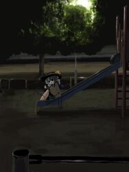 1girl black_eyes black_hat commentary_request eyeball fence floral_print frilled_shirt_collar frilled_sleeves frills green_hair green_skirt hat hat_ribbon heripantomorrow knees_up komeiji_koishi long_sleeves medium_hair notice_lines outdoors playground ribbon rose_print shirt skirt slide smile third_eye touhou tree v wide_shot wide_sleeves yellow_ribbon yellow_shirt