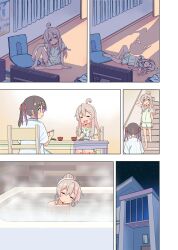 Rule 34 | 2girls, :d, ^ ^, absurdres, ahoge, bath, bathing, black hair, chair, closed eyes, commentary request, curtains, eating, food, grey hair, hair bun, hair ornament, hair ribbon, hairclip, highres, indoors, long hair, lying, multiple girls, on side, onii-chan wa oshimai!, open mouth, oyama mahiro, oyama mihari, pink hair, purple hair, red ribbon, ribbon, robomito, siblings, sisters, sitting, sleeping, sleepy, smile, stairs, steam, table, twintails