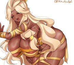 1girl bare_shoulders blonde_hair breasts cookie_run cookie_run:_kingdom dark-skinned_female dark_skin gauze gauze_on_arm gauze_on_leg highres long_hair looking_at_viewer mozzarella_cookie mummy_costume mx_pyuta1 nude open_mouth simple_background smile solo very_long_hair white_background