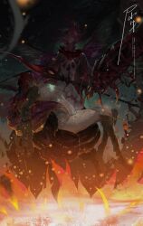 2girls absurdres arthropod_girl bug centipede centipede_girl closed_eyes colored_skin covered_eyes elden_ring elden_ring:_shadow_of_the_erdtree embers facing_viewer fine_art_parody fire full_body grey_skin highres holding holding_staff insect_wings lixi_(zuoeduoduandeshanren) long_hair lying lying_on_person malenia_blade_of_miquella mechanical_arms mechanical_legs monster_girl multiple_girls night no_nipples nude on_back outdoors parody pieta pink_hair prosthesis prosthetic_arm prosthetic_leg red_hair romina_saint_of_the_bud scar scar_on_chest simple_butterfly single_mechanical_arm staff unconscious wings