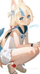 Rule 34 | 1girl, ahoge, animal ear fluff, animal ears, bare arms, bare legs, blonde hair, blue eyes, blue hair, blue nails, blue sailor collar, blunt bangs, commentary, dress, english text, fins, fish tail, grin, hashtag, highres, indie virtual youtuber, innertube hair ornament, long hair, looking at viewer, low twintails, multicolored hair, nail polish, one side up, sailor collar, sailor dress, sameko saba, simple background, sleeveless, sleeveless dress, smile, solo, squatting, streaked hair, tail, takeuchi takasuku, toenail polish, toenails, twintails, two-tone hair, very long hair, virtual youtuber, watermark, white background, white dress