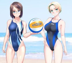 2girls abs absurdres ball beach beach_volleyball black_hair black_one-piece_swimsuit blonde_hair blue_eyes blue_one-piece_swimsuit blue_sky breasts commentary_request day glasses hand_on_own_hip highleg highleg_one-piece_swimsuit highres holding holding_ball horizon large_breasts multicolored_hair multicolored_swimsuit multiple_girls ocean one-piece_swimsuit original outdoors sky streaked_hair swimsuit takafumi variant_set volleyball_(object)