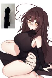 1girl ahoge armpit_peek bandaid bandaid_on_face bandaid_on_nose barefoot black_dress black_gloves black_nails blush breasts brown_eyes brown_hair dress elbow_gloves eyebrows_hidden_by_hair eyes_visible_through_hair feet fingerless_gloves gloves heart heart_ahoge highleg highleg_dress highres huge_ahoge large_breasts long_dress long_hair looking_at_viewer open_mouth original pelvic_curtain reference_inset sitting sky_above_me sky_above_me_(vtuber) sleeveless sleeveless_dress sleeveless_turtleneck sleeveless_turtleneck_dress solo thighs turtleneck turtleneck_dress very_long_hair wariza white_background
