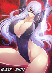 1girl areola_slip arms_up breasts character_name cleavage collarbone covered_erect_nipples cowboy_shot domino_mask energy_blade female_focus grey_eyes haganef hair_over_one_eye highleg highleg_leotard huge_breasts large_breasts leotard long_hair long_sleeves looking_at_viewer mask original solo triangle_mouth unzipped white_hair