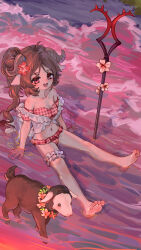 1girl absurdres animal_ears arknights barefoot bikini breasts brown_hair eyjafjalla_(arknights) eyjafjalla_(summer_flower)_(arknights) flower hair_flower hair_ornament highres horns kourou_(kouroukun) long_hair medium_breasts navel off-shoulder_bikini off_shoulder official_alternate_costume pink_bikini pink_eyes plaid_bikini plaid_clothes sheep sheep_ears sheep_girl sheep_horns side_ponytail sitting solo swimsuit toes