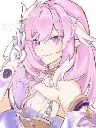 Rule 34 | 1girl, breasts, chinese commentary, cleavage, commentary request, corset, dated, diamond-shaped pupils, diamond (shape), elysia (herrscher of human: ego) (honkai impact), elysia (honkai impact), gloves, hair ornament, highres, honkai (series), honkai impact 3rd, large breasts, long hair, pink hair, purple eyes, simple background, solo, symbol-shaped pupils, triquetra, upper body, v, very long hair, white background, white corset, white gloves, zhui ming jin ge