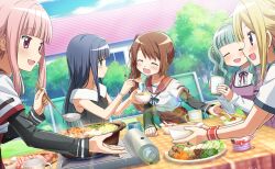 5girls ^_^ artist_request backyard bare_arms bare_shoulders bead_bracelet beads black_dress black_sleeves blonde_hair blue_bow blue_bowtie blue_eyes blue_hair blue_sailor_collar blue_sky blunt_bangs bow bowl bowtie bracelet braid breast_pocket brown_hair buttons center_frills chuo_academy_school_uniform clenched_hand closed_eyes closed_mouth cloud collarbone collared_dress collared_shirt cow cowboy_shot cup day dot_nose dress dutch_angle eating feeding fingernails food frills futaba_sana game_cg giving grass green_hair hair_bobbles hair_ornament hair_ribbon hair_scrunchie hand_on_table happy high-waist_skirt high_collar highres holding holding_bowl holding_cup holding_ladle hotpot house jewelry kamihama_university_affiliated_school_uniform ladle layered_sleeves light_blush light_particles long_hair long_sleeves looking_at_another magia_record:_mahou_shoujo_madoka_magica_gaiden mahou_shoujo_madoka_magica mahou_shoujo_madoka_magica_magia_exedra meat mitsuki_felicia mizuna_girls&#039;_academy_school_uniform mug multiple_girls mushroom nanami_yachiyo neck_ribbon official_art on_chair open_mouth outdoors pink_eyes pink_hair plaid_clothes plaid_skirt pleated_dress pleated_skirt pocket pointy_nose purple_dress purple_eyes red_ribbon red_sailor_collar red_skirt ribbon ring sailor_collar school_uniform scrunchie shirt shirt_under_dress short_over_long_sleeves short_sleeves side_ponytail sidelocks sitting skirt sky sleeveless sleeveless_dress sleeves_past_wrists smile spoon table tamaki_iroha tareme tree twintails upper_body vegetable wavy_hair white_ribbon white_shirt window wristband yellow_scrunchie yui_tsuruno