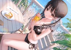 1girl bare_shoulders beach bikini black_bikini black_hair blush bow breasts brown_eyes cake cake_slice chair cleavage collarbone cup drink drinking_straw floral_print floral_print_bikini food frills glass hair_bow hair_ornament highres holding holding_cup long_hair looking_at_viewer m_ydayo medium_breasts navel ocean open_mouth original parted_lips plate sitting smile solo stomach swimsuit table twintails water