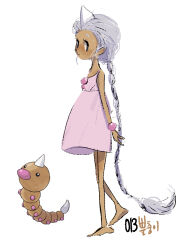 1girl barefoot bracelet dark-skinned_female dark_skin dress from_side full_body gen_1_pokemon grey_hair horns jewelry long_braid long_hair looking_at_viewer nintendo personification pink_dress pokemon pokemon_(creature) reference_inset simple_background single_horn standing tamtamdi translated very_long_hair weedle white_background