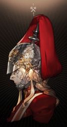 1boy absurdres blonde_hair closed_mouth combat_helmet emphasis_lines from_side hair_between_eyes helmet highres jacket military military_uniform original photo-referenced pickelhaube pigeon666 plume profile red_eyes red_jacket solo upper_body
