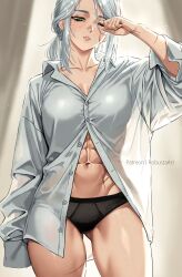 1girl abs ciri colored_skin freckles highres looking_at_viewer loose_clothes muscular muscular_female navel partially_unbuttoned robusta_mania rubbing_eyes scar sleepy solo the_witcher_(series) thighs underwear white_hair white_skin