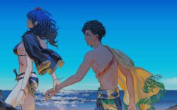 1boy 1girl bikini black_bikini black_capelet black_hair blue_hair blue_sky bracelet breasts capelet claude_von_riegan claude_von_riegan_(summer) dagger faceless faceless_female female_byleth_(fire_emblem) female_byleth_(summer)_(fire_emblem) fire_emblem fire_emblem:_three_houses fire_emblem_heroes flower glasses green_eyes hair_flower hair_ornament highres holding_another&#039;s_wrist jewelry knife large_breasts long_hair median_furrow multi-strapped_bikini_bottom nintendo ocean official_alternate_costume outdoors red_flower short_hair sideboob sky swimsuit weapon yellow_capelet zhihaiwusheng