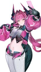 1girl absurdres aqua_eyes aqua_hair arknights arknights:_endfield black_gloves breasts cellphone commentary_request cowboy_shot cropped_jacket eugle_na facing_viewer flip_phone gloves hair_intakes highres holding holding_phone horns jacket large_breasts long_hair long_sleeves midriff multicolored_hair navel open_clothes open_jacket pants phone pink_gloves pink_hair puffy_long_sleeves puffy_sleeves selfie simple_background smile solo street_fighter tail two-sided_gloves two-tone_hair v white_background white_pants yvonne_(arknights)