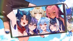 6+girls absurdres akuma_nihmune bao_(vtuber) black_gloves black_hair black_nails blonde_hair blue_hair breasts cloud colored_extremities dark-skinned_female dark_skin dragon_horns facial_mark fang fingerless_gloves gloves hand_on_another&#039;s_head heart heart_facial_mark highres holding holding_phone horns indie_virtual_youtuber jewelry kirai_illust mole mole_under_eye multicolored_hair multiple_girls necklace open_mouth orange_eyes pearl_necklace phone pink_hair purple_eyes purple_hair red_eyes sanagi_yuzu selfie shylily skin_fang sky smile streaked_hair tongue tongue_out trickywi two-tone_hair v vienna_(vtuber) virtual_youtuber white_hair yellow_eyes
