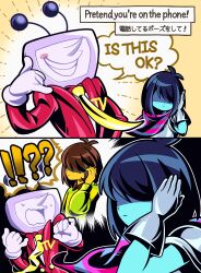 Rule 34 | !?, 1boy, 1other, absurdres, ant tenna, armor, blue hair, blue skin, blush stickers, cellphone, colored skin, crt, deltarune, english text, gloves, highres, holding, holding phone, jacket, kris (dark world) (deltarune), kris (deltarune), necktie, object head, phone, pointy nose, red jacket, short hair, single blush sticker, smile, speech bubble, striped cape, sweat, vn35214, white gloves, yellow necktie
