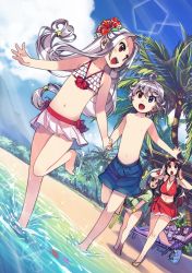 2boys 4girls alternate_costume beach bikini blue_eyes blue_sky breasts child cleavage commentary_request day dutch_angle flat_chest flower hair_flower hair_ornament heterochromia hibiscus holding_hands large_breasts long_hair low-tied_long_hair low_twintails mil_(xration) miniskirt multiple_boys multiple_girls navel nemma_(ragnarok_online) niren_(ragnarok_online) ocean open_mouth outdoors panno_(ragnarok_online) pope&#039;s_brother_(ragnarok_online) pope_(ragnarok_online) ragnarok_online red_eyes sarong shorts siblings silver_hair skirt sky smile swimsuit twins twintails zhed_(ragnarok_online)