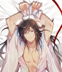 Rule 34 | 1boy, absurdres, alternate costume, alternate hairstyle, arms up, bdsm, bed sheet, black hair, bondage, bound, bound wrists, brown eyes, brown hair, chinese clothes, closed mouth, collarbone, commentary, english commentary, hair down, hanfu, highres, implied yaoi, jujeop, long hair, looking at viewer, lying, male focus, modao zushi, on back, on bed, open clothes, open robe, pectoral cleavage, pectorals, red ribbon, ribbon, ribbon bondage, robe, sidelocks, smile, solo, sweat, upper body, wei wuxian, white hanfu, white ribbon, wide sleeves