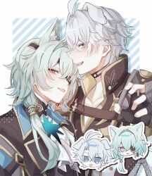 2boys anaxa_(honkai:_star_rail) aqua_hair cat_boy chibi dog_boy eyepatch fz7047 grey_hair hair_between_eyes highres honkai:_star_rail honkai_(series) looking_at_viewer male_focus multiple_boys one_eye_covered phainon_(honkai:_star_rail) pink_pupils short_hair solo tongue tongue_out upper_body
