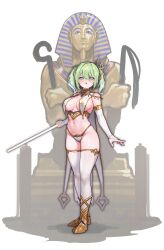 1girl absurdres ancient_egyptian ancient_egyptian_clothes bare_shoulders bikini bikini_bottom_only blue_eyes boots breast_curtains breasts bridal_gauntlets cape cleavage coffin commentary_request full_body gold_trim green_hair hair_ornament highleg highleg_bikini highres holding holding_polearm holding_weapon korean_commentary long_hair looking_at_viewer medium_breasts navel open_mouth polearm revealing_clothes sangobob solo standing stellive stomach swimsuit thighhighs thighs twintails usekh_collar v-shaped_eyebrows virtual_youtuber weapon white_thighhighs yuzuha_riko