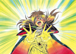 1990s_(style) 1girl araizumi_rui attack belt cape drawing energy female_focus floating_clothes floating_hair gloves headband imminent_attack lina_inverse long_hair looking_at_viewer magic official_art open_mouth outstretched_arm red_eyes red_hair retro_artstyle short_sleeves slayers solo sweat white_gloves wide_hips