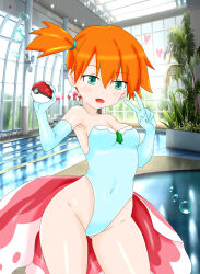 1girl absurdres breasts cleavage cosplay gen_1_pokemon goldeen goldeen_(cosplay) highleg highleg_leotard highres leotard medium_breasts misty_(pokemon) nintendo poke_ball pokemon pokemon_(anime) pokemon_(classic_anime) pokemon_ep043 pool side_ponytail white_leotard