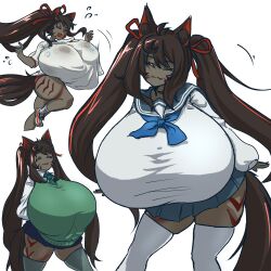 1girl :3 animal_ears black_hair breasts closed_eyes colored_skin commission female_focus fox_ears fox_girl fox_girl_(suxihn) fox_tail gigantic_breasts green_shirt grey_skin highres long_hair miniskirt original penne_bust school_uniform serafuku shirt skirt smile solo tail thighhighs white_background white_shirt white_thighhighs zettai_ryouiki