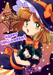 1girl 2boys animal_ear_fluff animal_ears belt black_dress black_hair bow bowtie brown_hair carrying carrying_person cat_boy cat_ears chibi commentary crossed_arms dress dutch_angle fang frills glasses green_eyes halloween halloween_costume happy_halloween hat hat_bow highres iidabashi_hiroshi long_hair looking_at_viewer medium_hair mini_person miniboy multiple_boys nanako_(nanako_sos) nanako_sos nka_46 open_mouth orange_belt orange_bow puffy_short_sleeves puffy_sleeves round_eyewear short_hair short_sleeves silk smile spider_web star_(symbol) witch_hat yotsuya_eiichirou