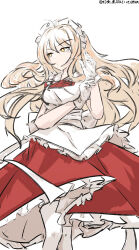 1girl absurdres apron blonde_hair dated dress frills gloves hair_ornament highres long_hair maid maid_headdress one-hour_drawing_challenge puffy_short_sleeves puffy_sleeves putting_on_gloves red_dress ribbon short_sleeves solo touhou touhou_(pc-98) ve1024 yellow_eyes yumeko_(touhou)