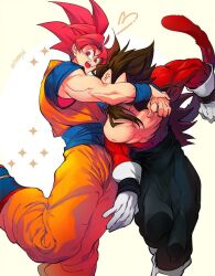 Rule 34 | 2boys, black hair, blue sash, dougi, dragon ball, dragon ball heroes, dragon ball super, gloves, long hair, looking at viewer, male focus, monkey boy, monkey tail, multiple boys, muscular, muscular male, ommmyoh, open mouth, pants, red fur, saiyan, sash, smile, son goku, spiked hair, super saiyan, super saiyan 4, super saiyan god, tail, time patrol (dragon ball), twitter username, vegeta, vegeta (xeno), yaoi